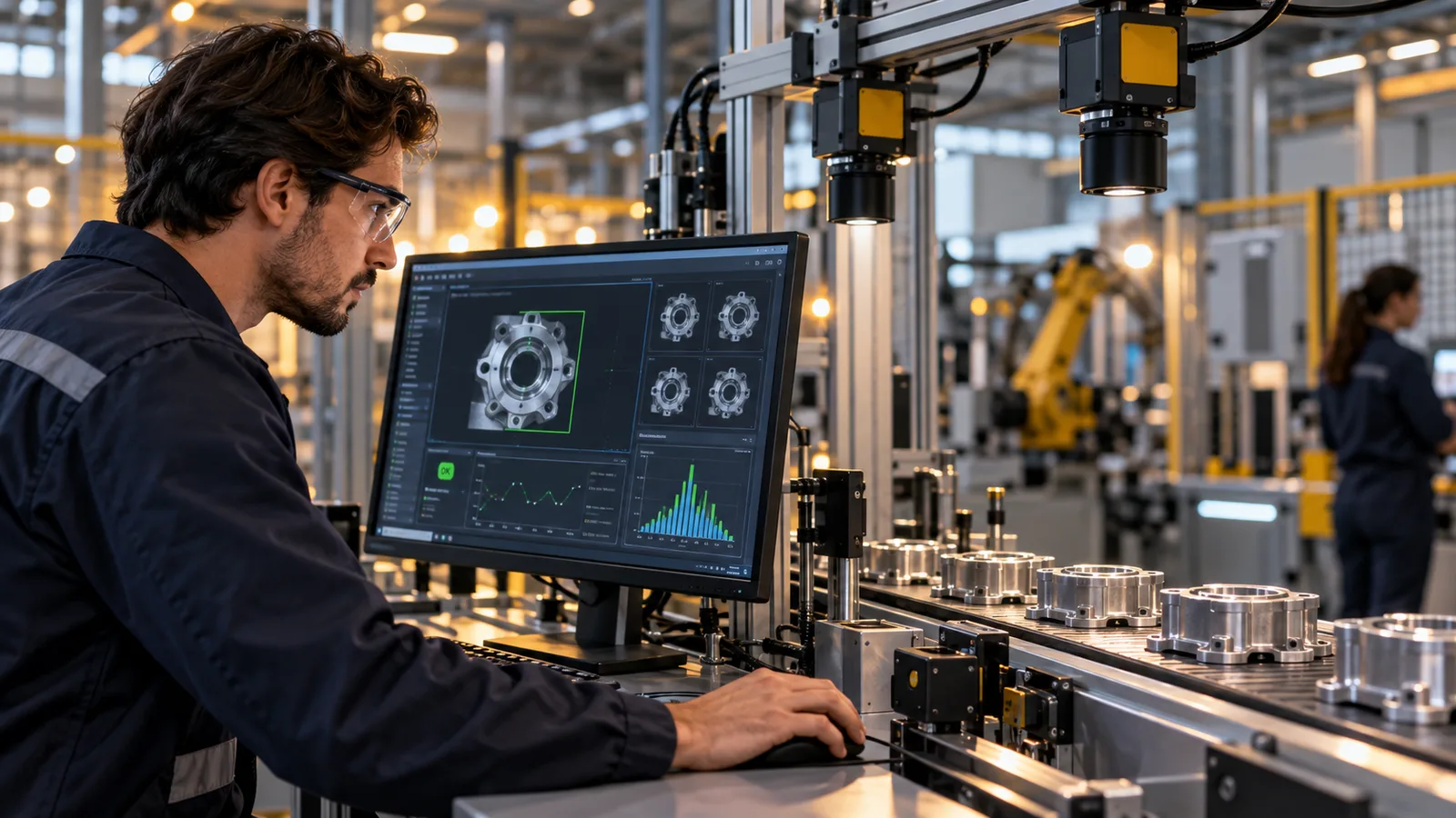 Industrial AI engineer inspecting a computer-vision system on a production line