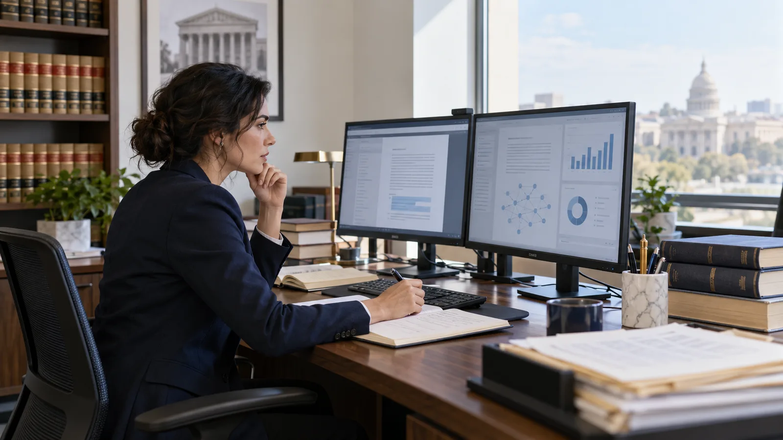 AI engineer and legal specialist reviewing documents in a law office