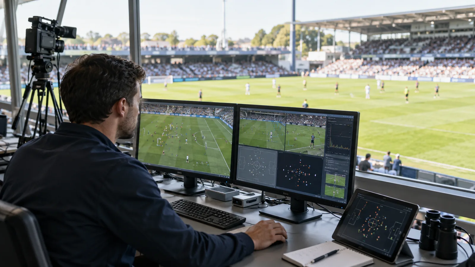 Computer vision engineer analyzing football tracking data beside a sports pitch