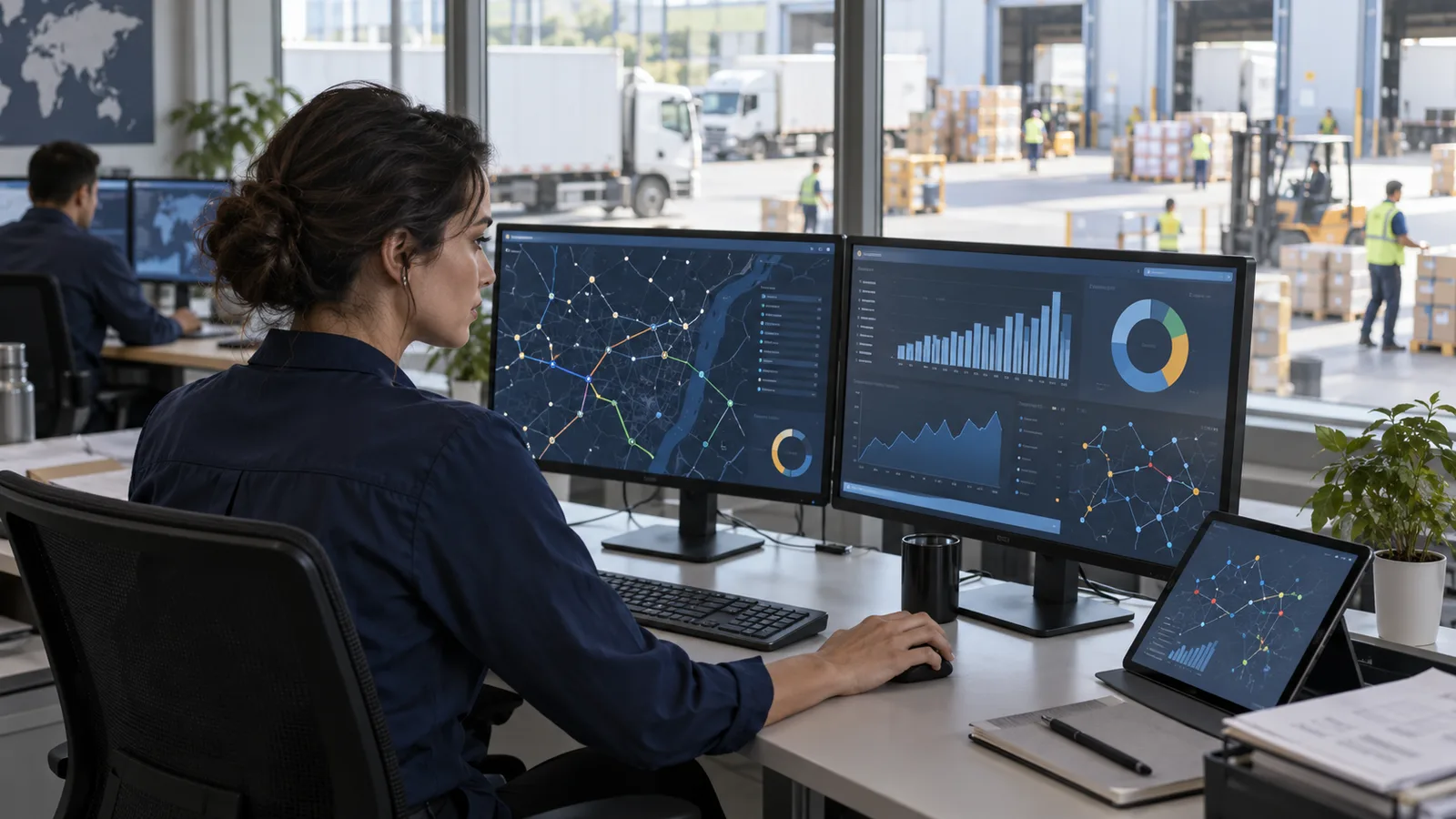 Logistics data scientist studying shipment routes at a distribution center