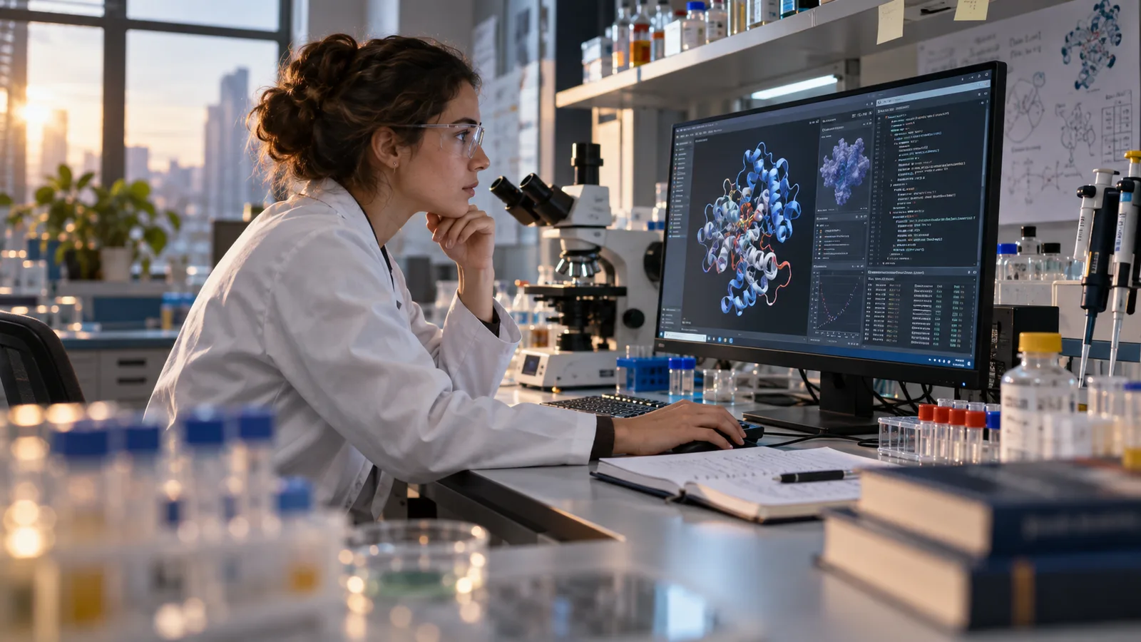 Computational biologist reviewing molecular models beside a laboratory bench