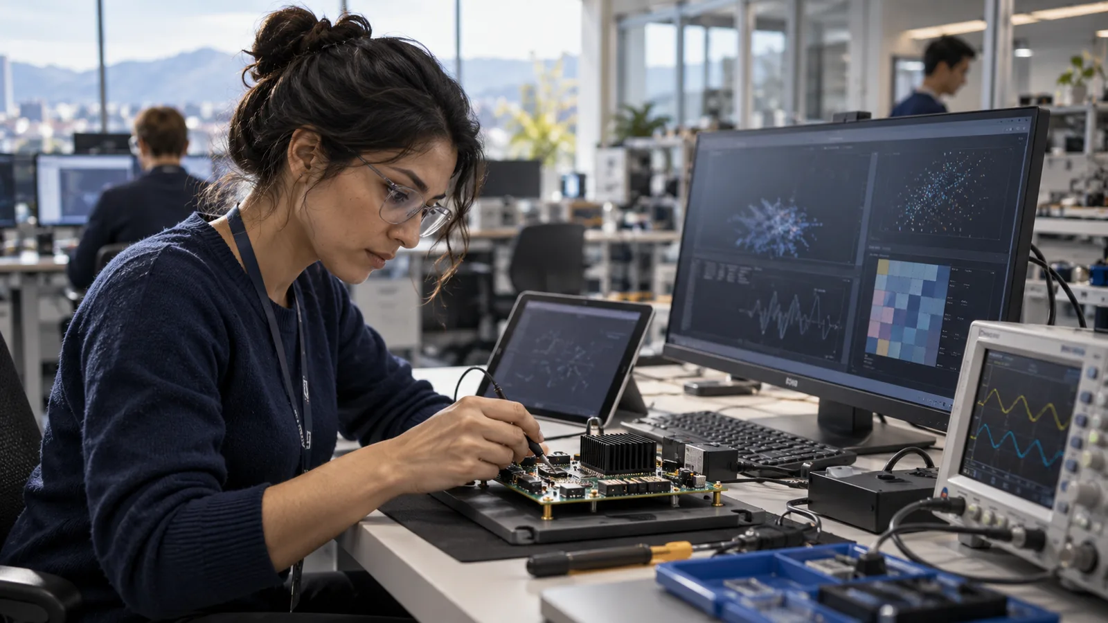 Inference engineer testing an AI accelerator board in a hardware laboratory