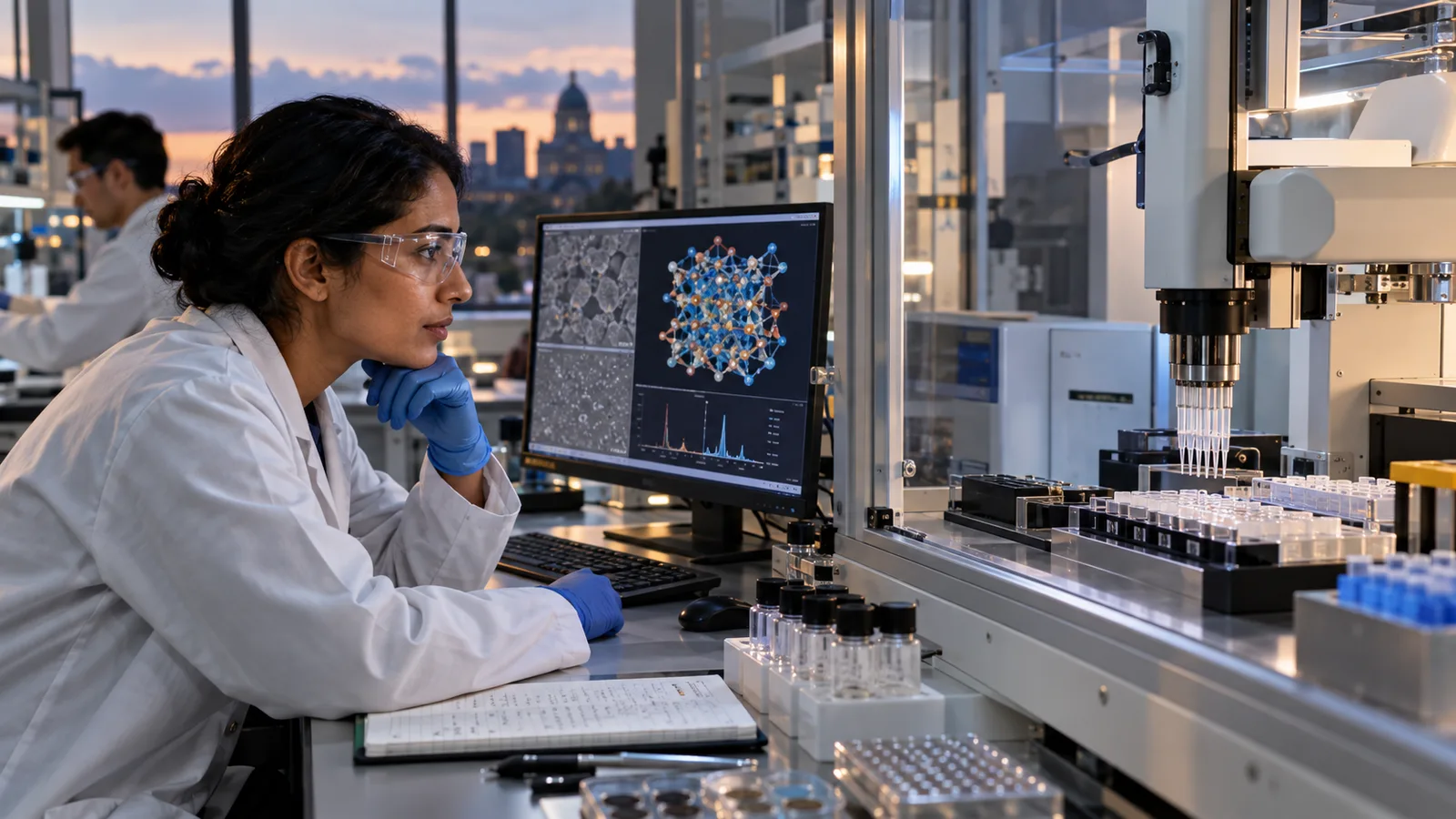 Scientific machine-learning researcher supervising an automated materials laboratory