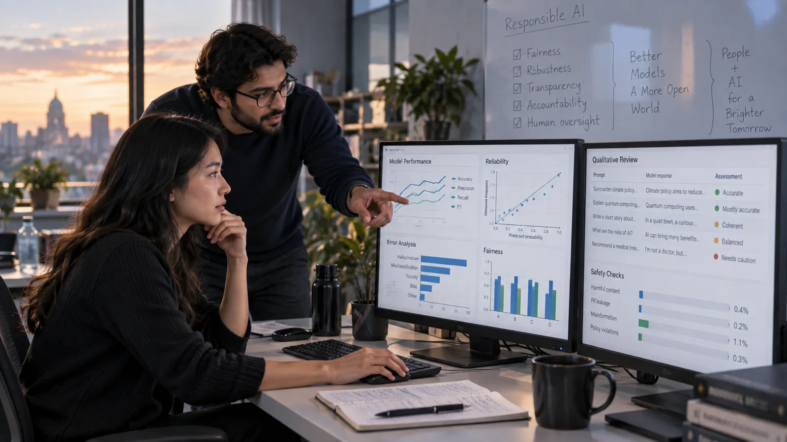 AI safety researcher evaluating model behavior in a collaborative laboratory