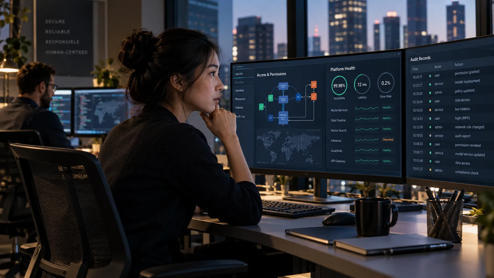 Security engineer investigating an AI-driven cyber threat on multiple displays