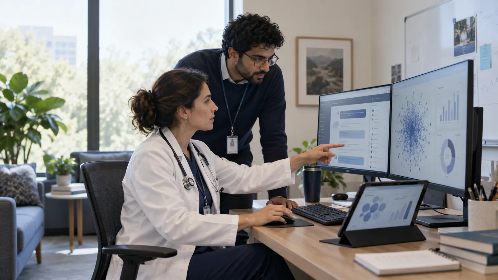 Clinician and AI researcher reviewing a clinical assistant in a hospital office