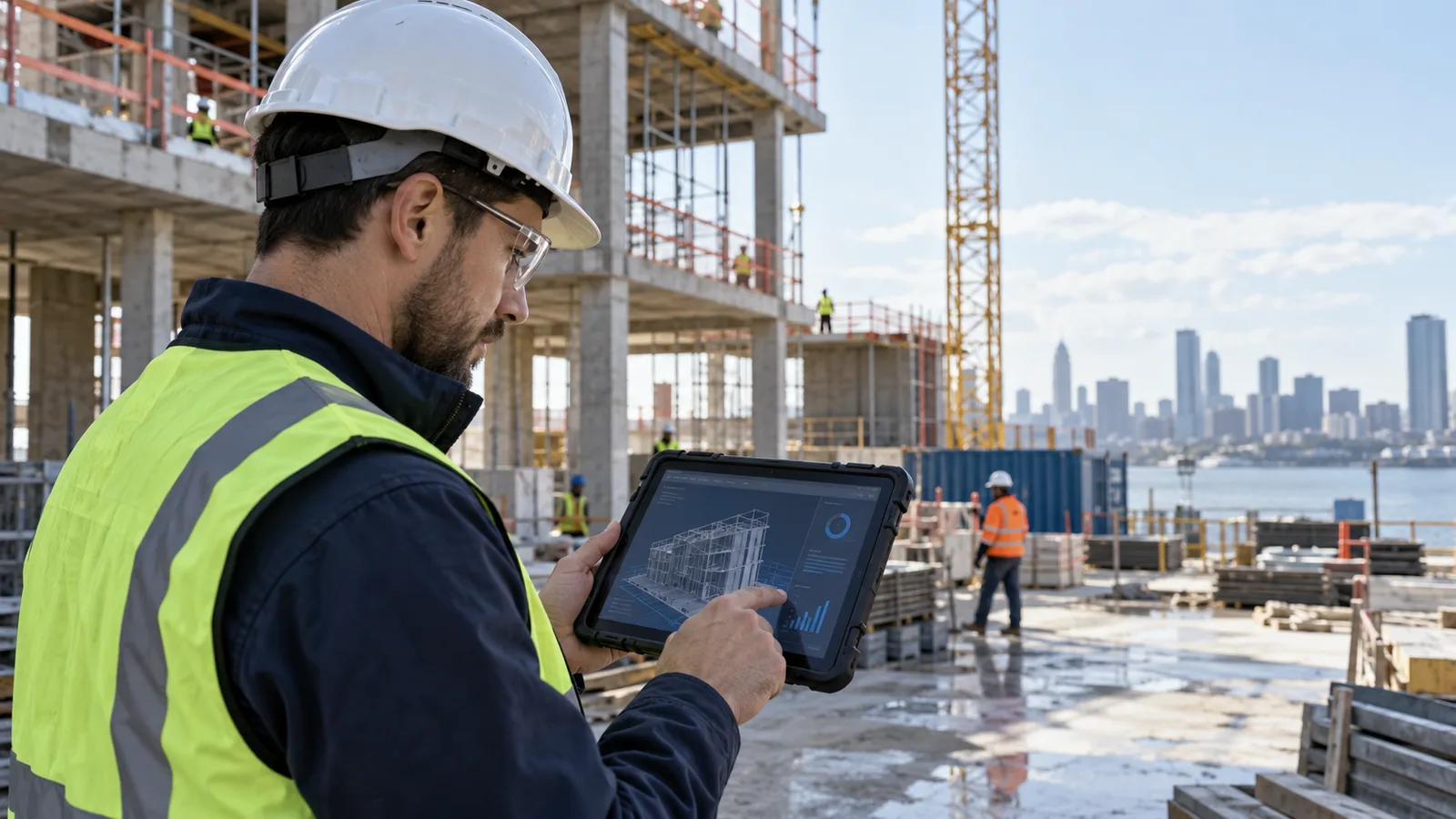 Construction data engineer reviewing a building model on a tablet at a jobsite