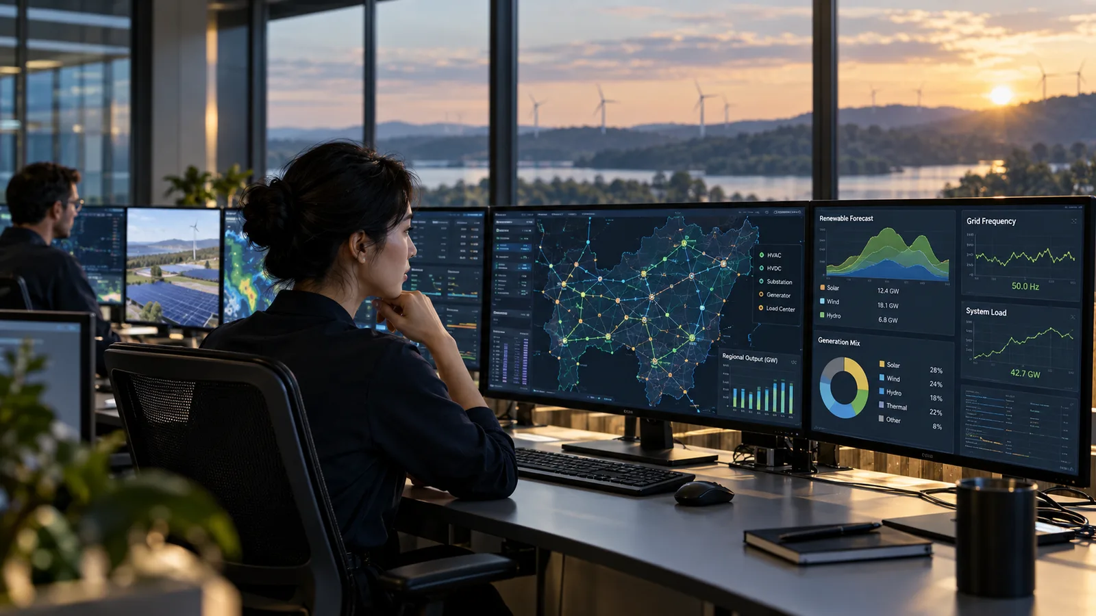 Energy data engineer monitoring a digital power grid control room