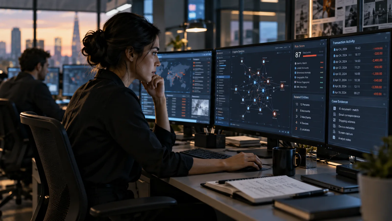Fraud intelligence analyst investigating a network of digital transactions