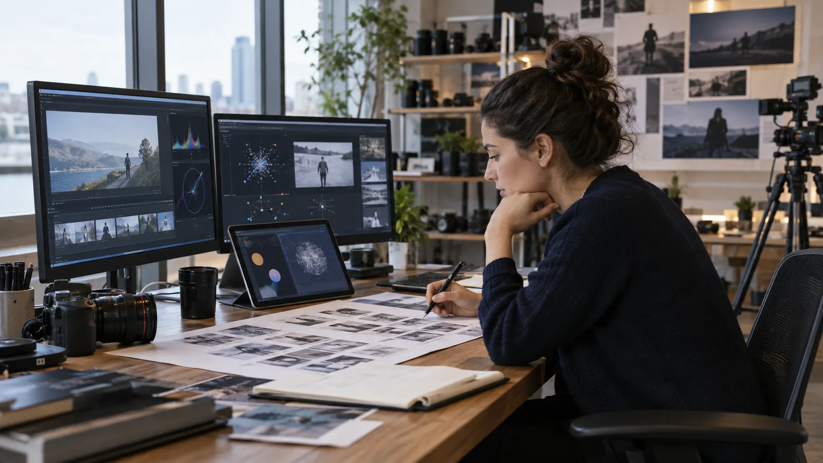 Machine learning researcher reviewing generated video sequences in an editing studio