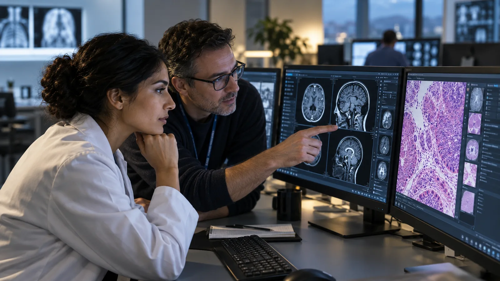 Medical AI specialist examining diagnostic scans with clinical software