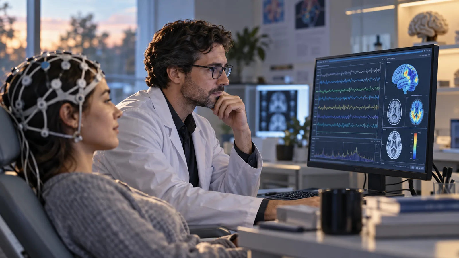 Neurotechnology researcher analyzing neural signals from a brain-computer interface