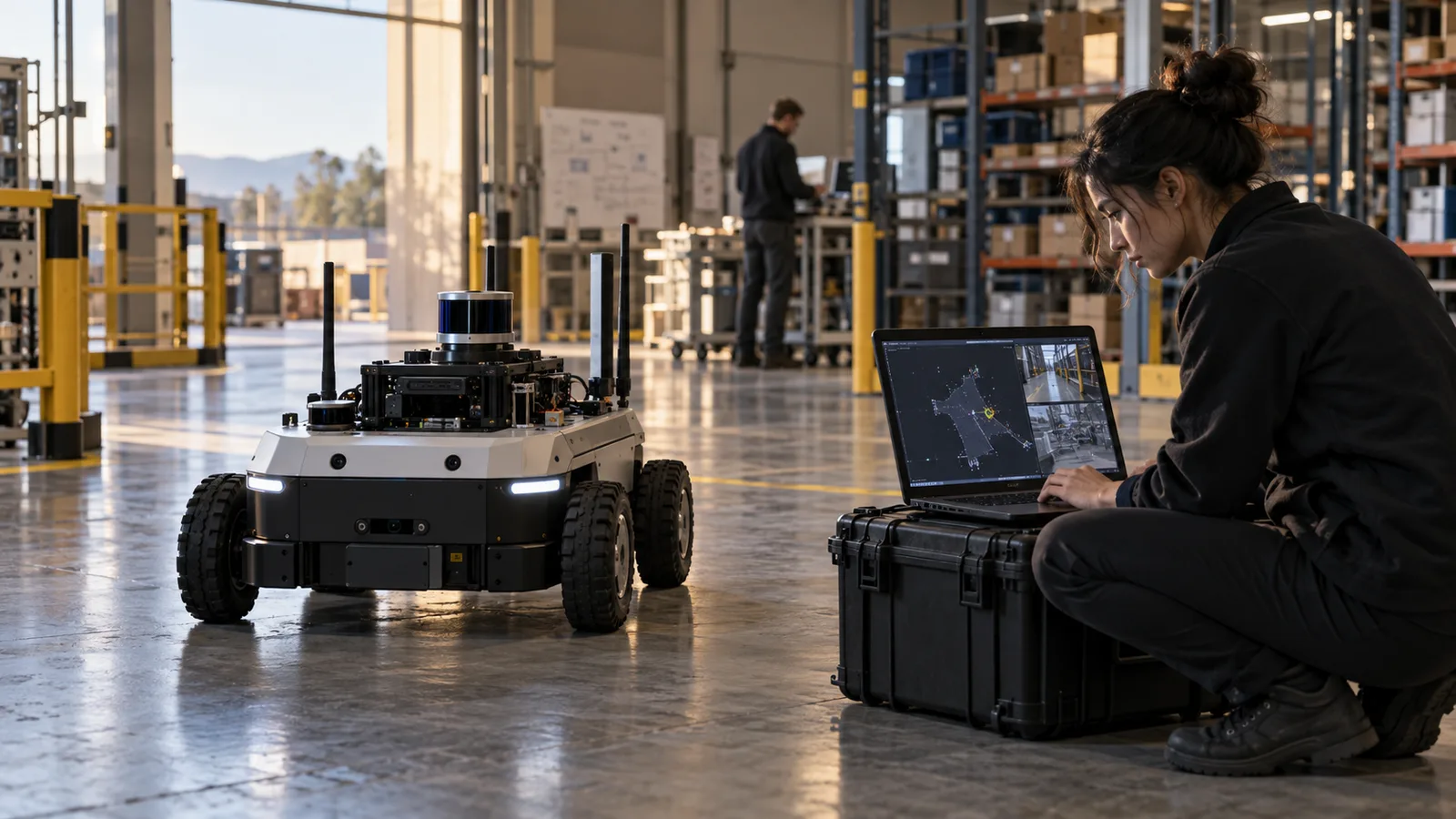 Robotics engineer testing an autonomous mobile robot in an industrial workspace