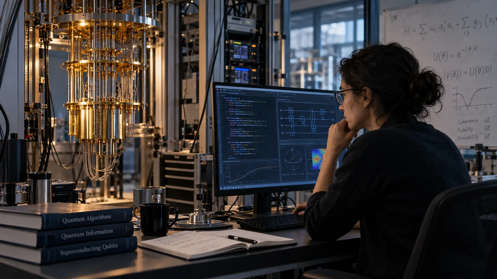 Quantum software researcher working beside a cryogenic computing system