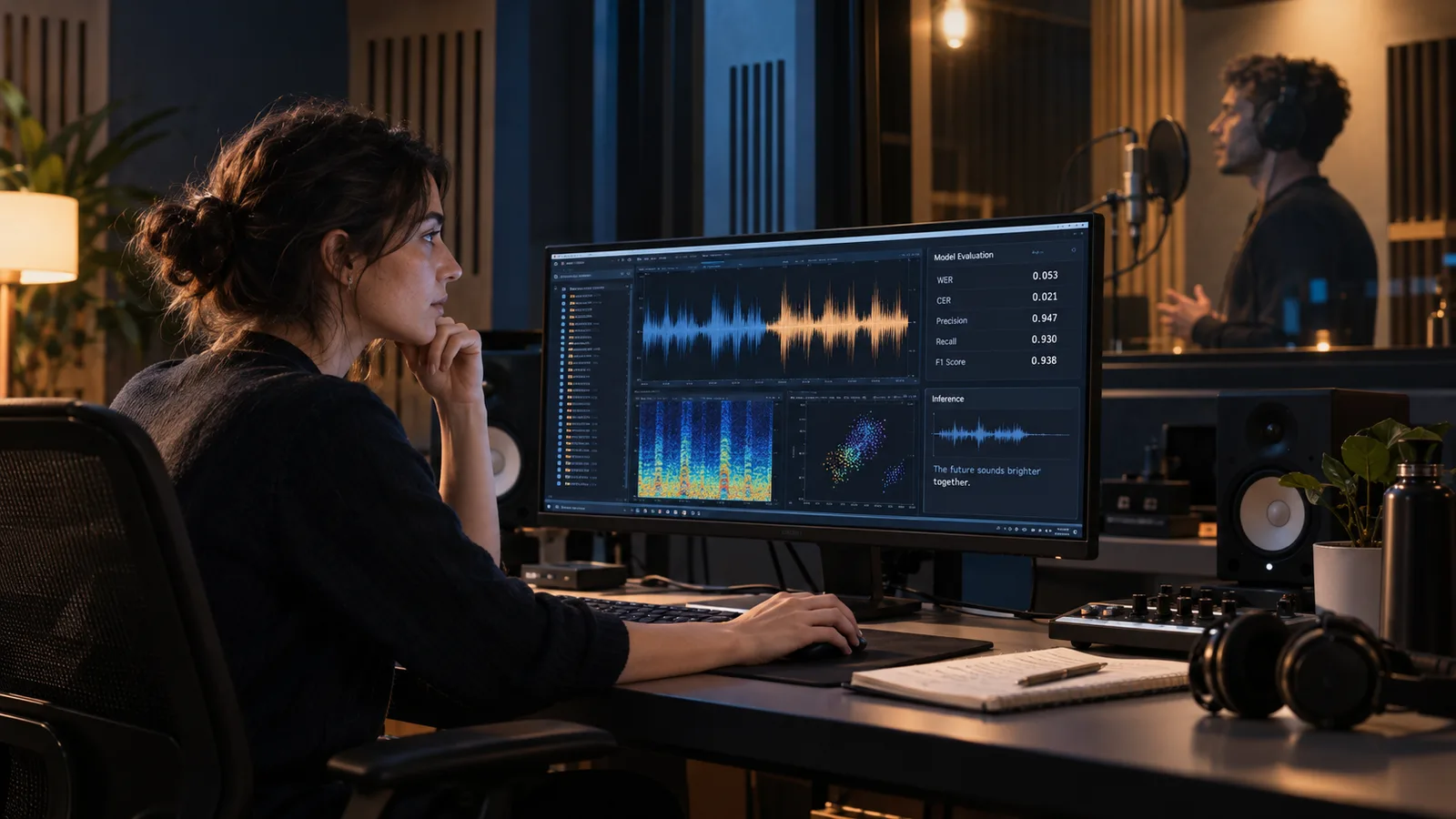 Audio machine-learning engineer studying speech waveforms in a recording studio